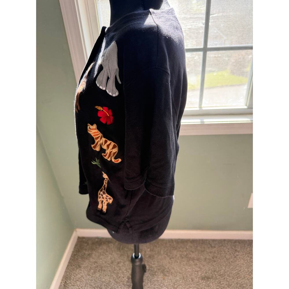 VTG 90s Bechamel Petites Safari Animal Embroidered Cardigan PM Black Cotton - Picture 5 of 7